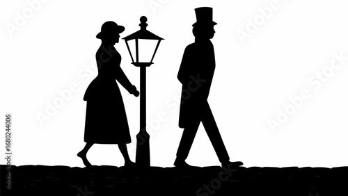 Silhouette of a victorian couple walking past a gas lamp on a cobblestone street in black and white