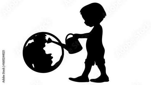 Silhouette of a child watering the earth with a watering can in a black and white illustration style