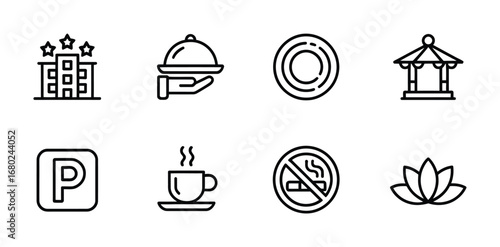 Hotel amenities and services icons representing lodging dining parking and other facilities offered to guests Vector