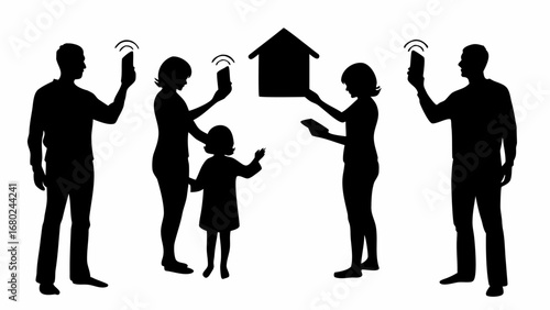 Silhouetted family interacting with technology including phones tablets and a house symbol in black and white