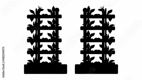 Two black silhouettes of vertical planters with plants on multiple levels against a white background