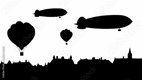 Silhouetted airships and hot air balloons float above a cityscape against a white background in the sky