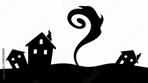 Silhouette illustration of houses and a tornado on a white background disaster scene with dark storm shape