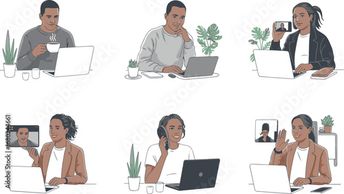 Diverse people working remotely, video calling, drinking coffee, using laptops, home office environment, virtual meeting, communication, productivity, online teamwork