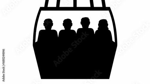 Silhouette illustration of a gondola car with four people inside against a white background view from front
