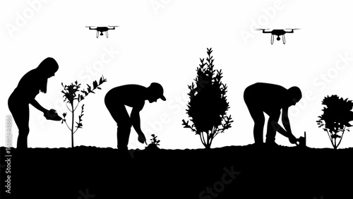 Silhouetted figures plant trees as drones fly overhead in a black and white agricultural landscape view