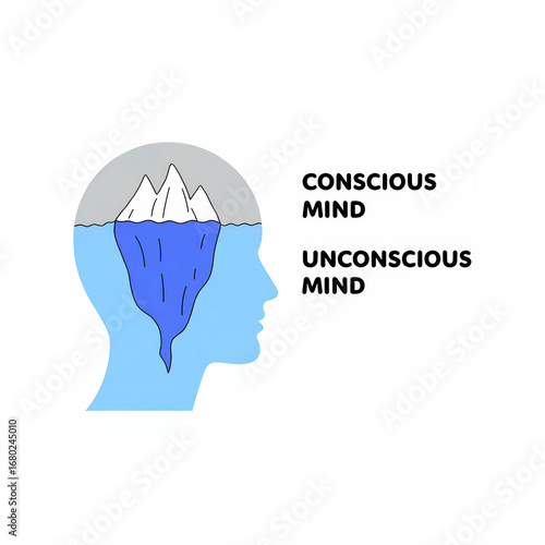 Illustration depicting the conscious and unconscious mind, represented as an iceberg, highlighting the hidden depths of human psychology