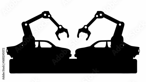 Two robotic arms poised above silhouetted cars on a platform in a monochrome automotive assembly scene