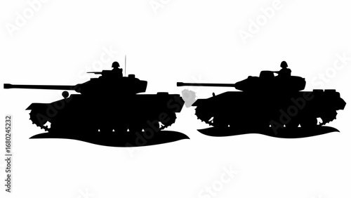 Silhouette illustration of two tanks facing each other with smoke between them on a white background