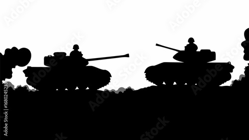 Silhouette depiction of two tanks with operators amidst smoke and debris on a white background scene