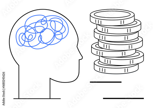 Human head outline with tangled lines in the brain next to stacked coins, symbolizing mental health challenges tied to financial concerns. Ideal for psychology, finance, stress management, budgeting
