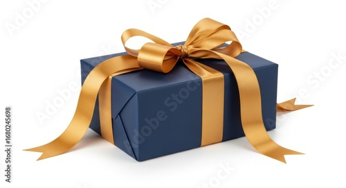 Elegant Navy Blue Gift Box with Gold Ribbon on White Background