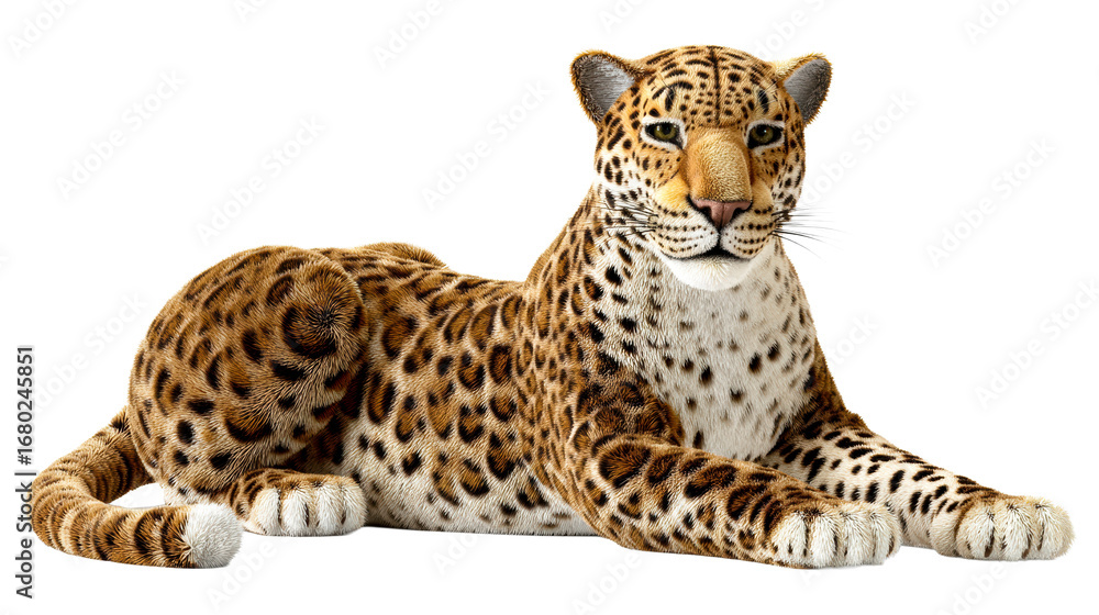 Obraz premium Majestic Leopard Resting Elegantly on a Clean White Background, cut out transparent
