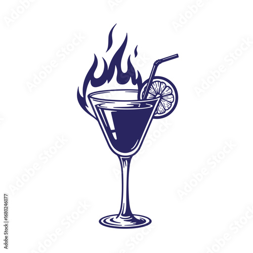 Elegant cocktail in martini glass with flames and lemon slice in monochrome style