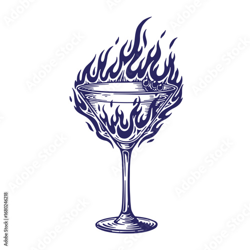 Engraved cocktail martini glass on fire illustration featuring simple and elegant dark blue details