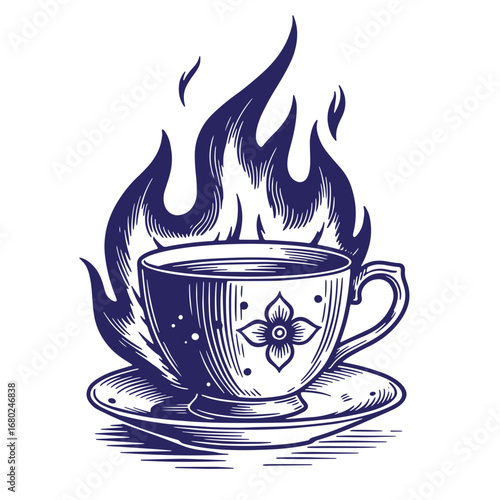 Hand drawn illustration of a vintage teacup with hot tea engulfed in flames art
