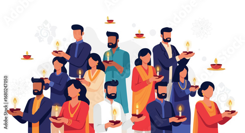 Community celebration with Indian families holding oil lamps. Vector illustration of a traditional cultural festival