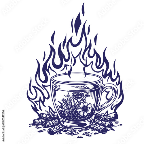 Herbal tea in a glass cup surrounded by flames and kindling for relaxation and warmth