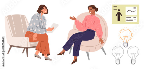 Two women seated in armchairs having a discussion, analyzing charts and sharing ideas. Ideal for teamwork, brainstorming, consultation, mentoring, business strategy, innovation, professional growth