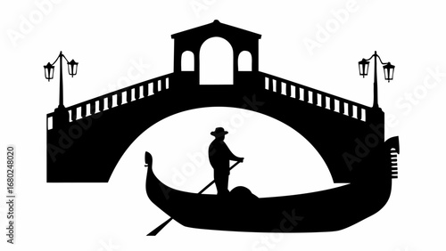 Silhouette of a gondola with a gondolier under a bridge with street lamps in a black and white scene