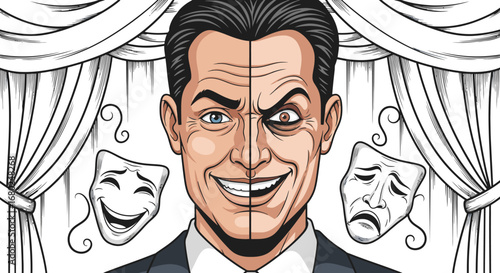 Vector Illustration of a Man's Dual Personality with Good and Evil Sides Represented by Theatrical Masks and Curtains