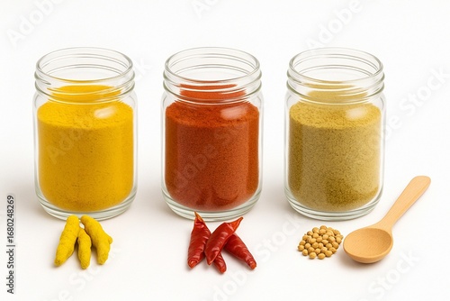 Glass jars filled with turmeric, red chili, and coriander powder with raw spices and wooden spoon on white background Genret Ai 