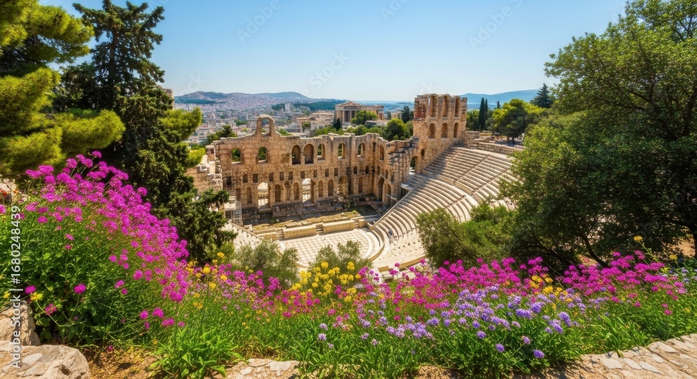 Obraz premium Vibrant spring flowers blooming on a sunlit hillside overlooking a majestic ancient stone amphitheater and the city of Athens, Greece