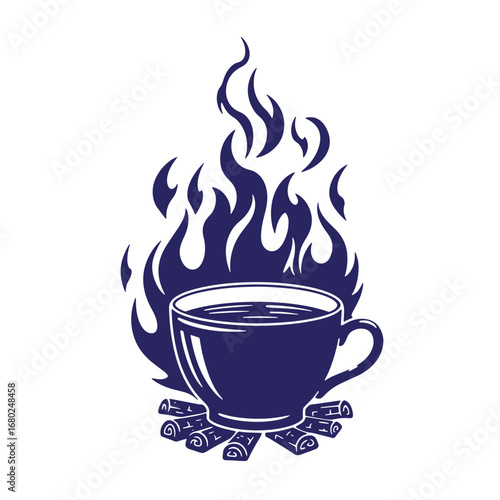 Illustration of hot coffee served with cinnamon sticks and flames background design