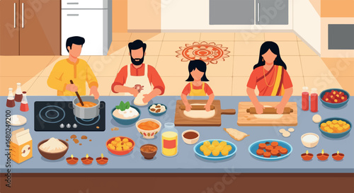 A family cooking together during a festival, preparing traditional Indian food with colorful ingredients and decorative diyas