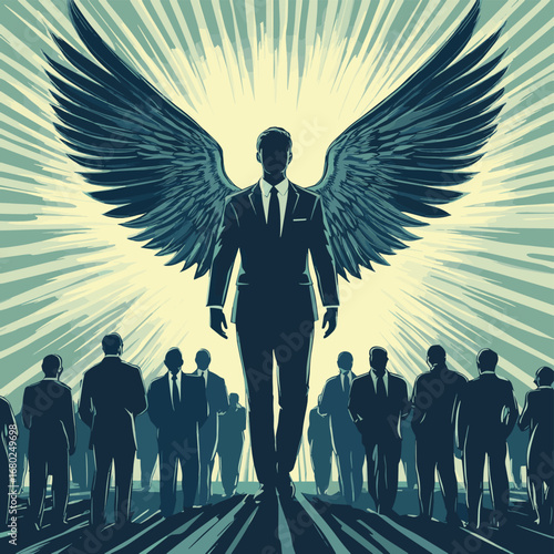 Angelic businessman stands tall among others, with wings spread wide, symbolizing ethical leadership and integrity