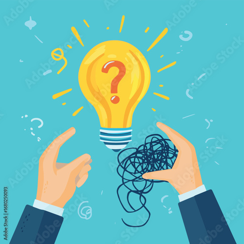Hand offering light bulb to another hand holding tangled thread with question mark