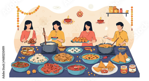 A vibrant illustration of a happy Indian family celebrating a traditional festival, gathered around a table filled with a delicious feast