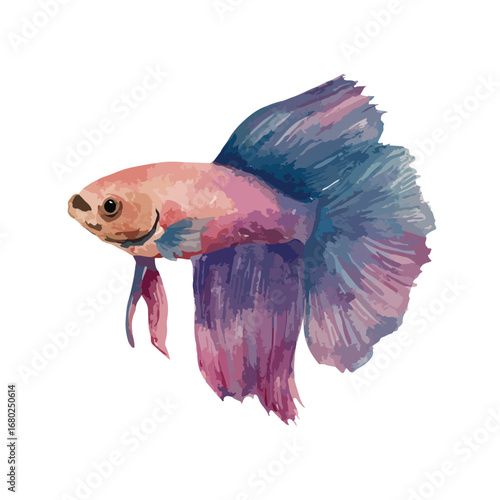 Watercolor Betta Fish with Flowing Fins and Peach Body