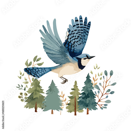 Watercolor Blue Jay in Flight Above Evergreen Trees and Foliage