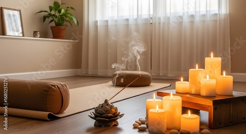 Yoga and meditation room with candles and incense