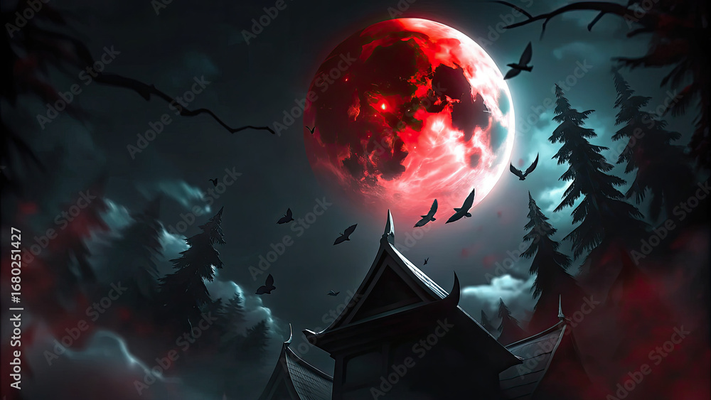 Obraz premium Fantasy castle in forest with moonlit foggy night concept. A haunting night scene with a blood moon above a shadowy temple.
