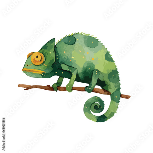 Watercolor Chameleon Perched on Branch with Distinctive Green and Yellow Hues