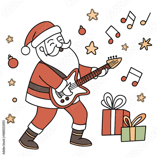 Cheerful Santa Claus playing electric guitar with Christmas gifts and musical notes vector illustration
