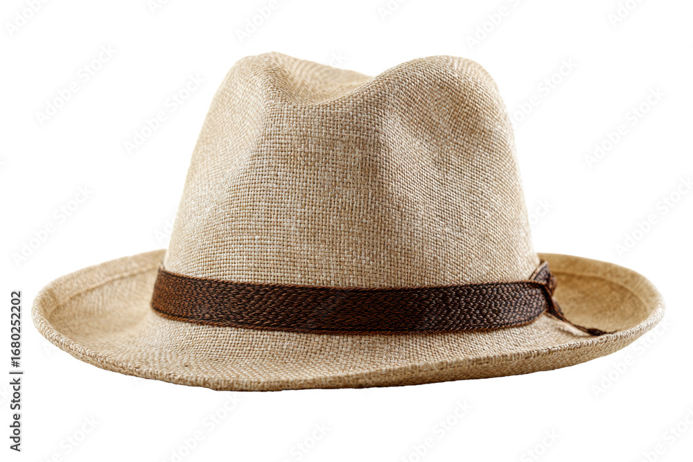 Beige Straw Fedora Sun Hat with Brown Band on Transparent Background Beige Straw Fedora Sun Hat with Brown Band on Transparent Background