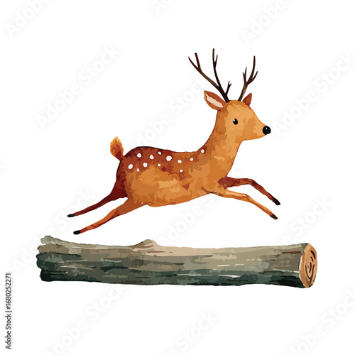 Watercolor Deer Leaping Over a Log Displaying Graceful Movement and Energy