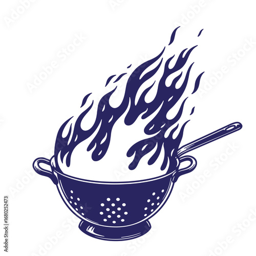 Stylized colander with flames illustrating hot food cooking concept on white background