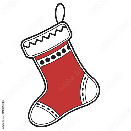 Red and white Christmas stocking with black outline and decorative elements vector illustration