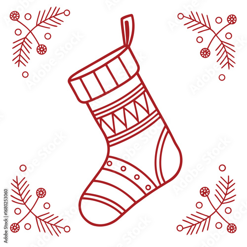 Red outline drawing of a Christmas stocking with decorative branches and circles vector illustration