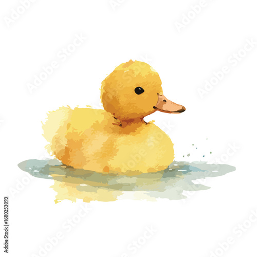 Watercolor Duckling Floating on Water with Artistic Splashes and Reflections