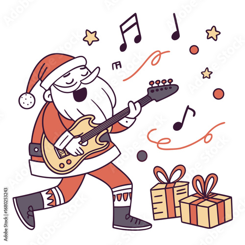 Santa Claus playing electric guitar with gifts and swirling lines Christmas music
