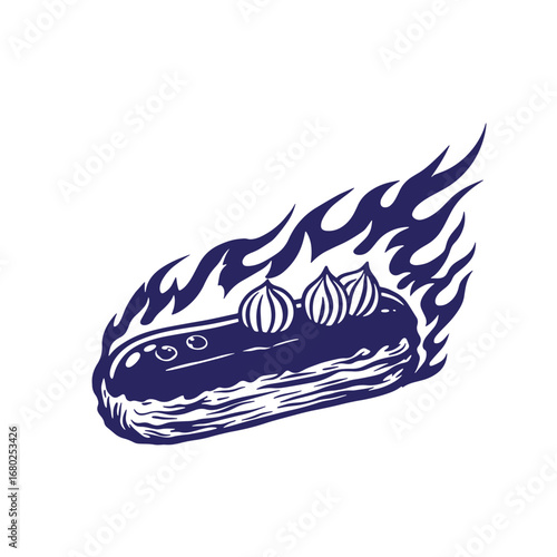 Stylized illustration of a delicious eclair decorated with creamy icing and flames