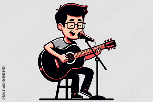 Cartoon vector mascot of male singer-guitarist with black acoustic guitar and microphone