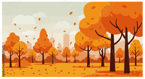 Flat vector landscape of an autumn park with orange trees, falling leaves, cloudy sky, 