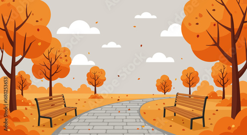 Illustration of a peaceful park in fall season with red and yellow trees, pathway, and benches