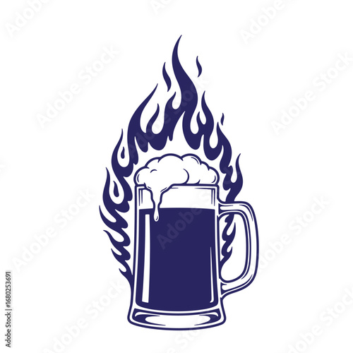 Stylized illustration of a frothy beer mug with flames creating a hot beer concept
